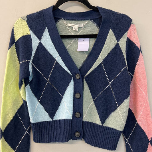 American Eagle Blue/ Multi Argyle Print Cropped Cardigan Sweater Extra Small