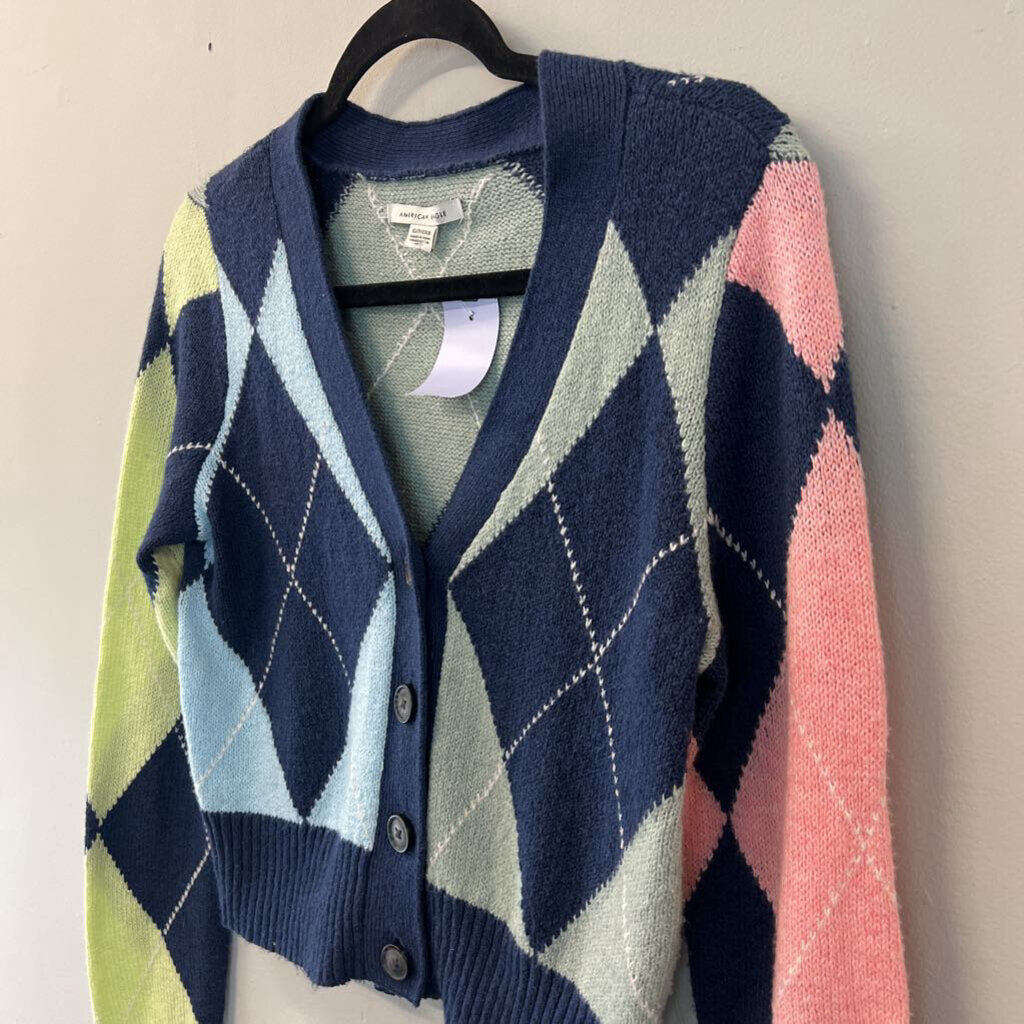 American Eagle Blue/ Multi Argyle Print Cropped Cardigan Sweater Extra Small