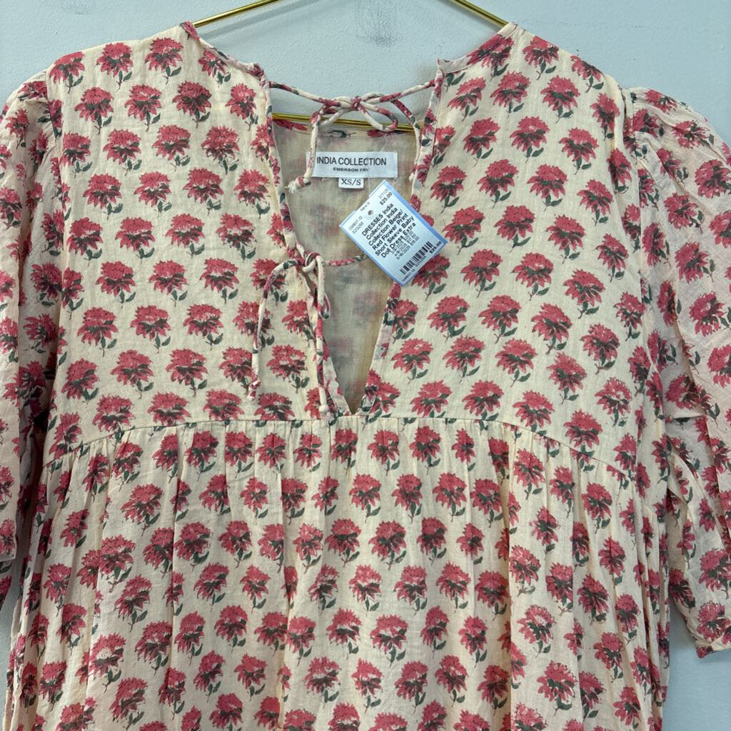 India Collection Beige/ Red Flower Print Short Sleeve Baby Doll Dress Extra Small/ Small