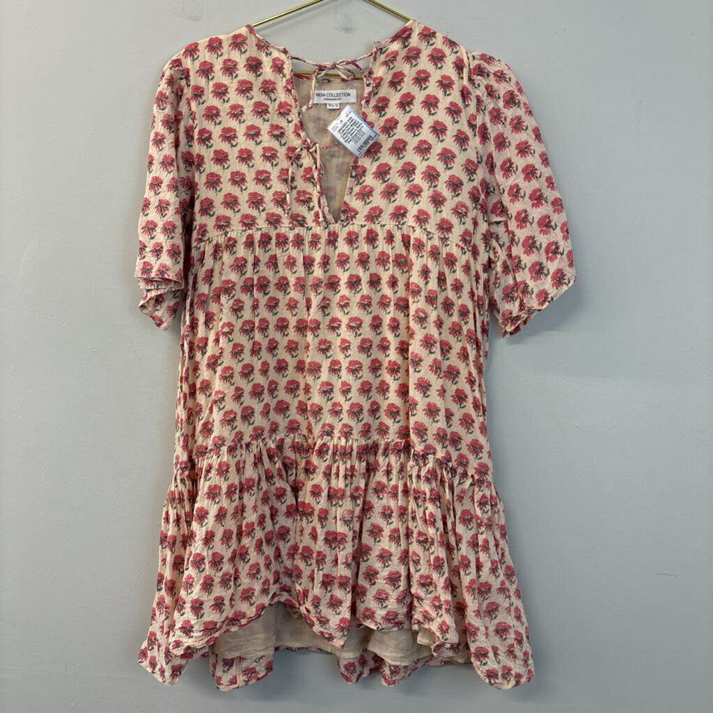 India Collection Beige/ Red Flower Print Short Sleeve Baby Doll Dress Extra Small/ Small