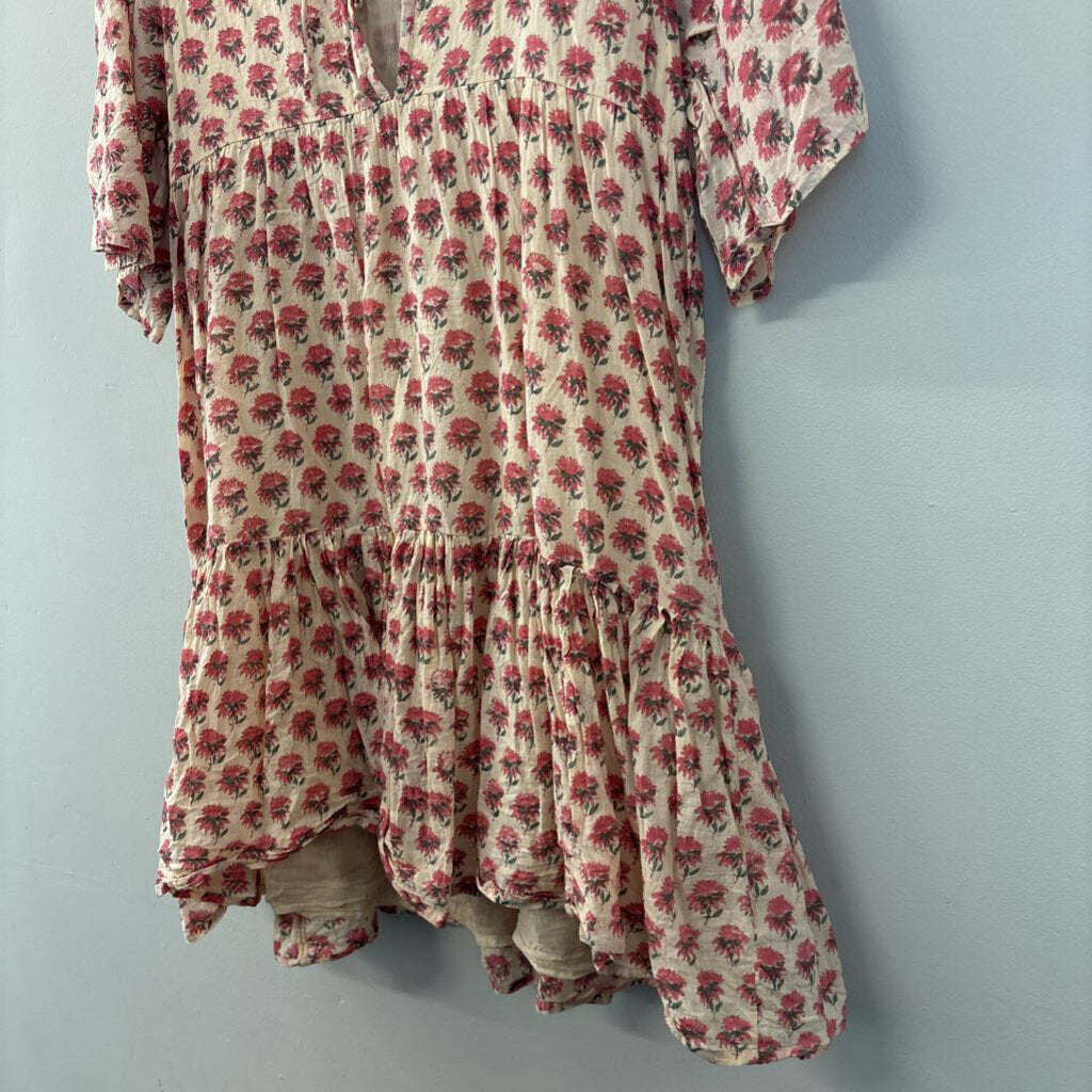 India Collection Beige/ Red Flower Print Short Sleeve Baby Doll Dress Extra Small/ Small