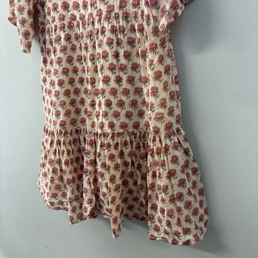 India Collection Beige/ Red Flower Print Short Sleeve Baby Doll Dress Extra Small/ Small