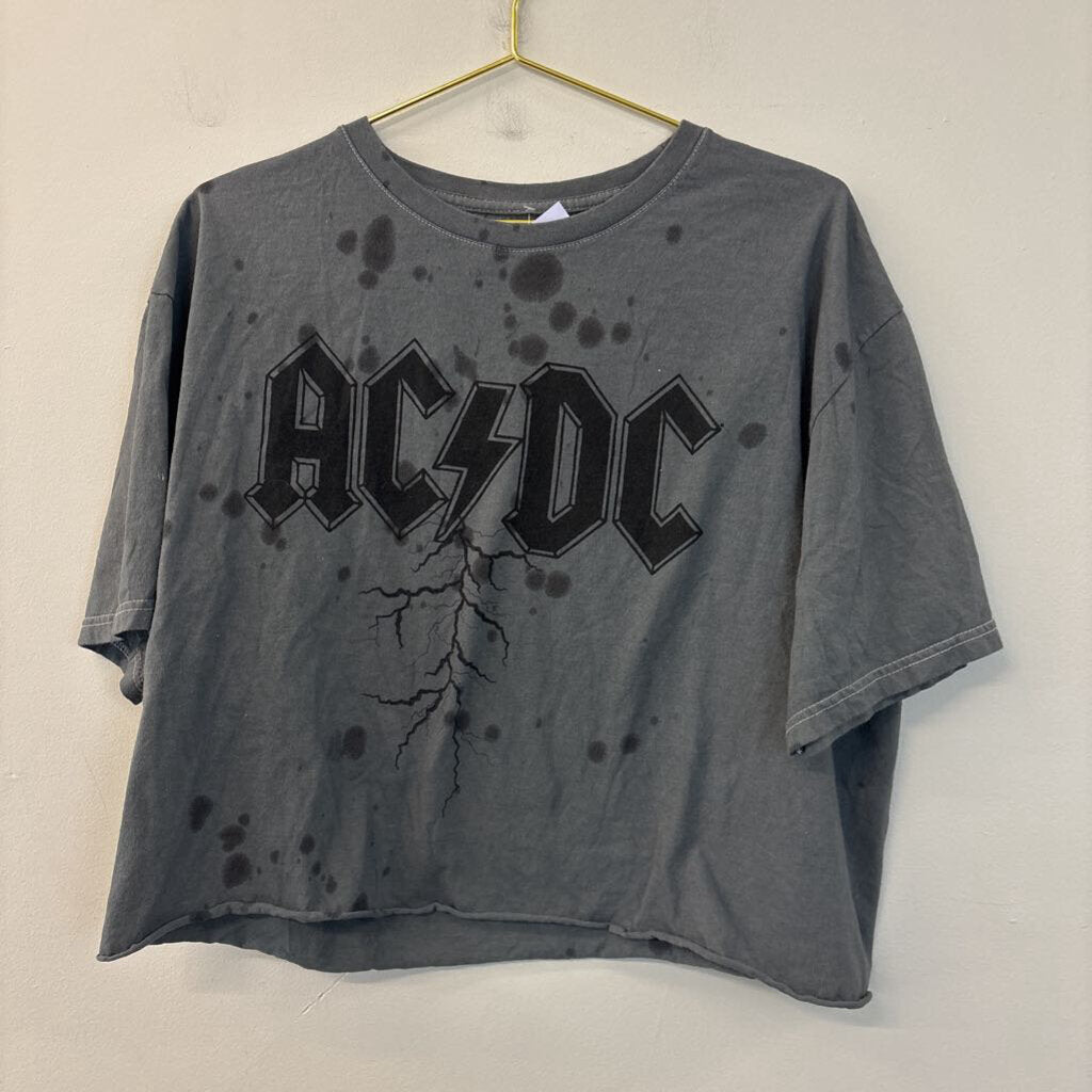 ACDC Grey Cropped Short Sleeve Graphic Tee Large