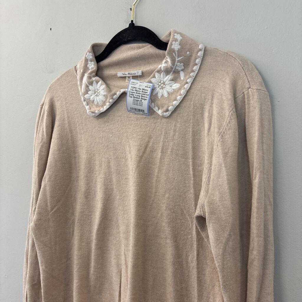 Vila Milano Beige/ Cream Embroidered Collar Long Sleeve Top Medium