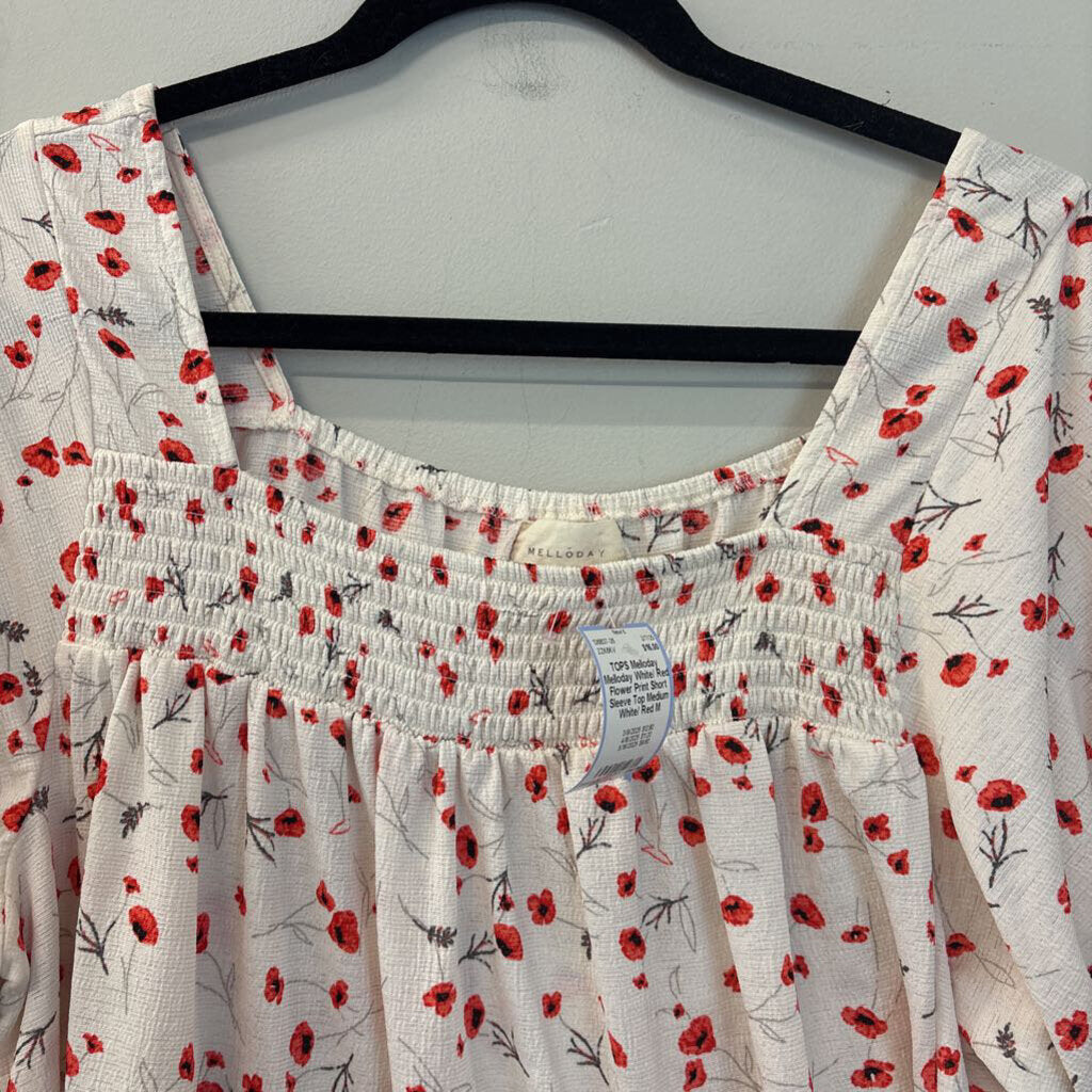 Melloday White/ Red Flower Print Short Sleeve Top Medium