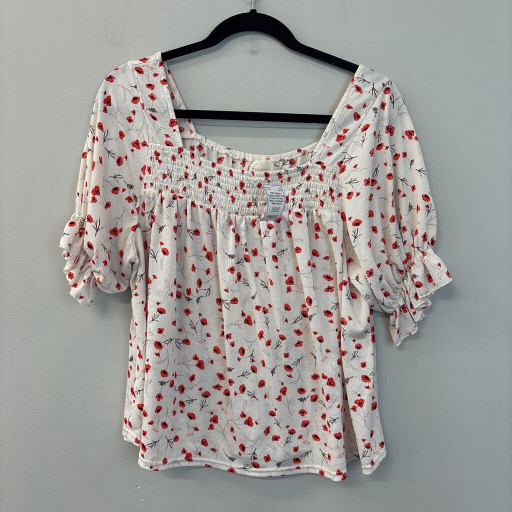 Melloday White/ Red Flower Print Short Sleeve Top Medium