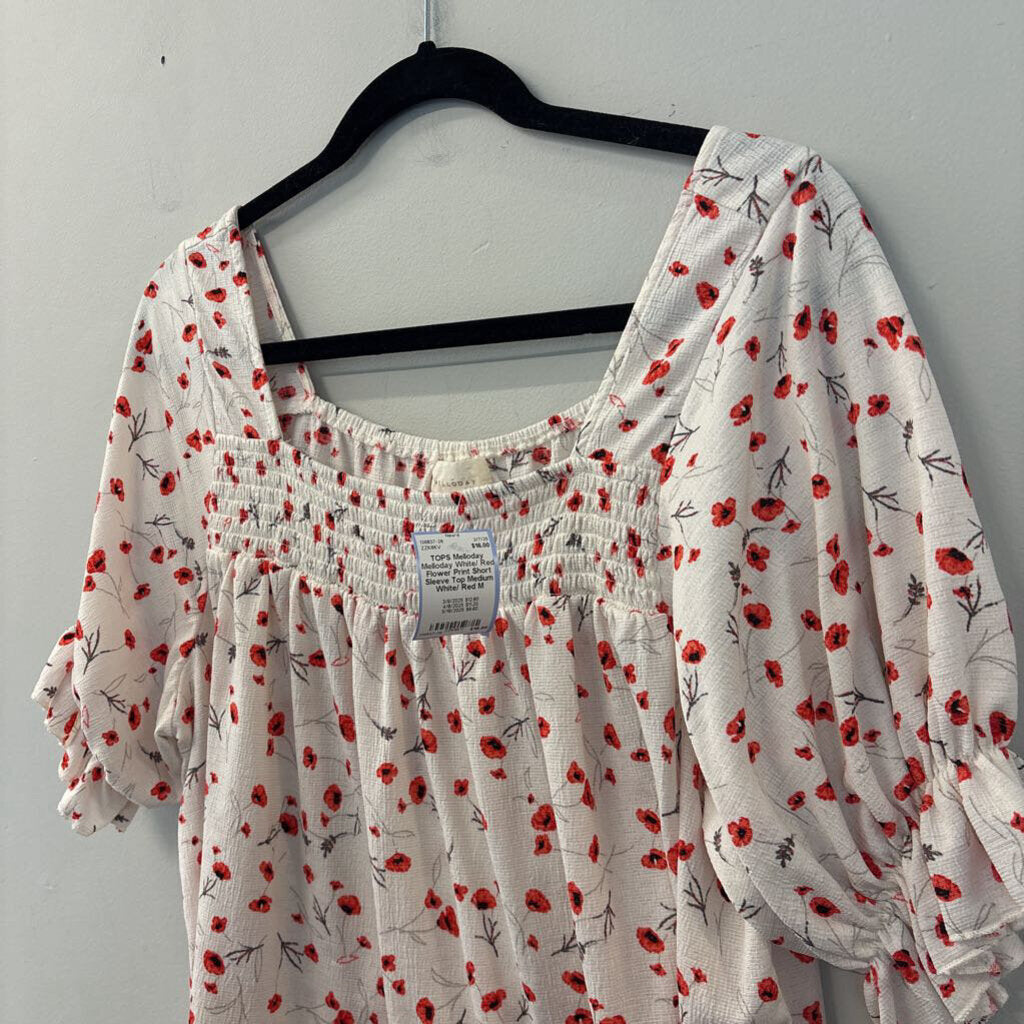 Melloday White/ Red Flower Print Short Sleeve Top Medium