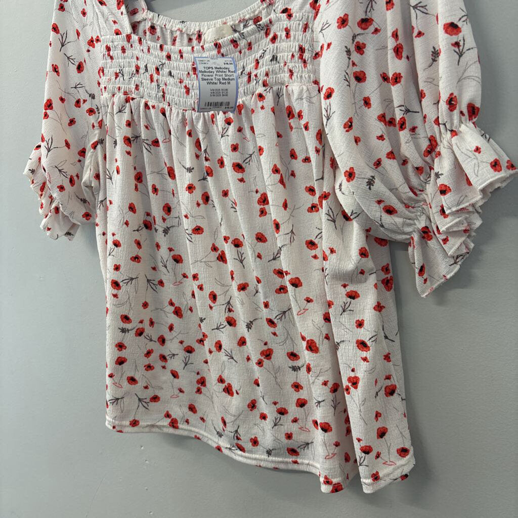 Melloday White/ Red Flower Print Short Sleeve Top Medium