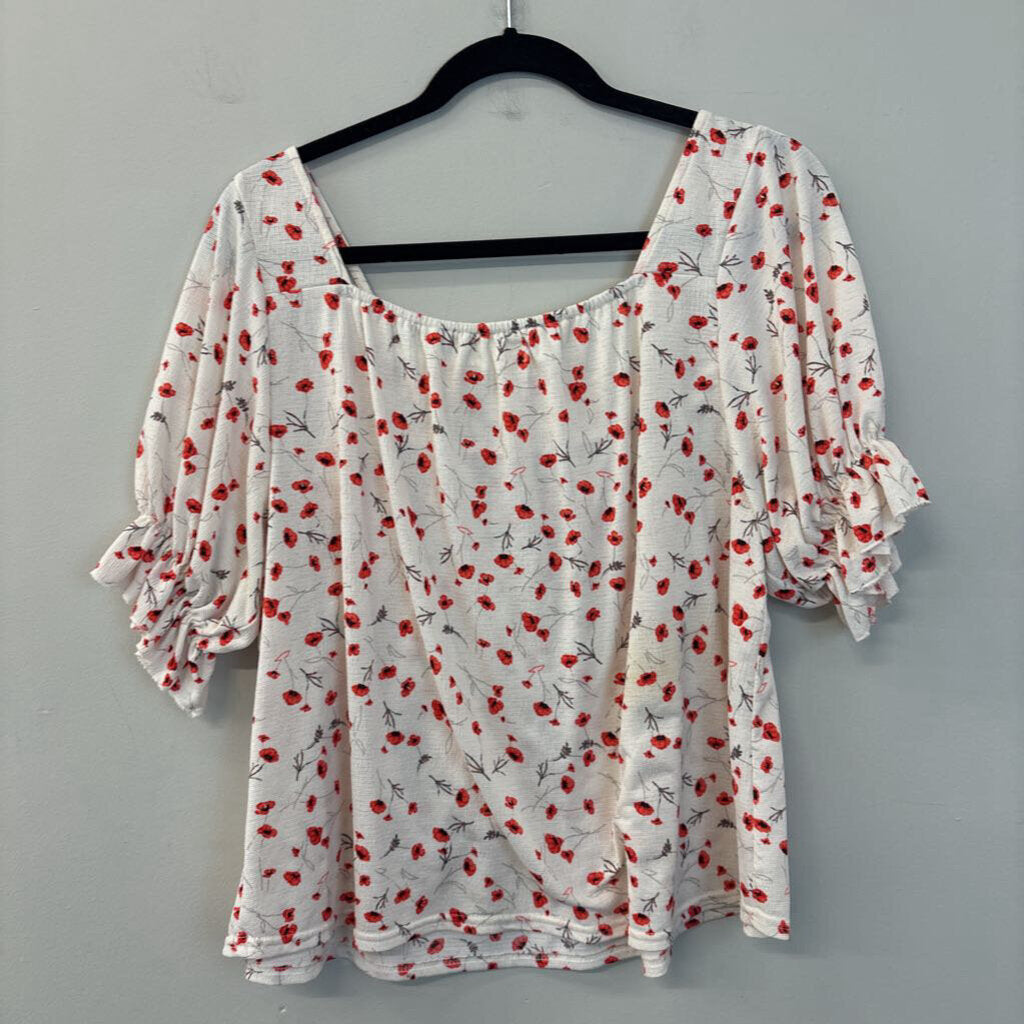 Melloday White/ Red Flower Print Short Sleeve Top Medium