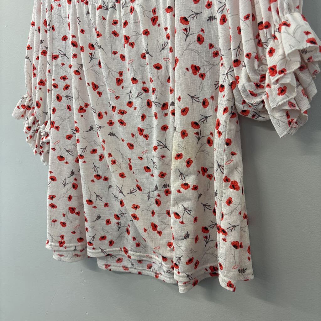 Melloday White/ Red Flower Print Short Sleeve Top Medium