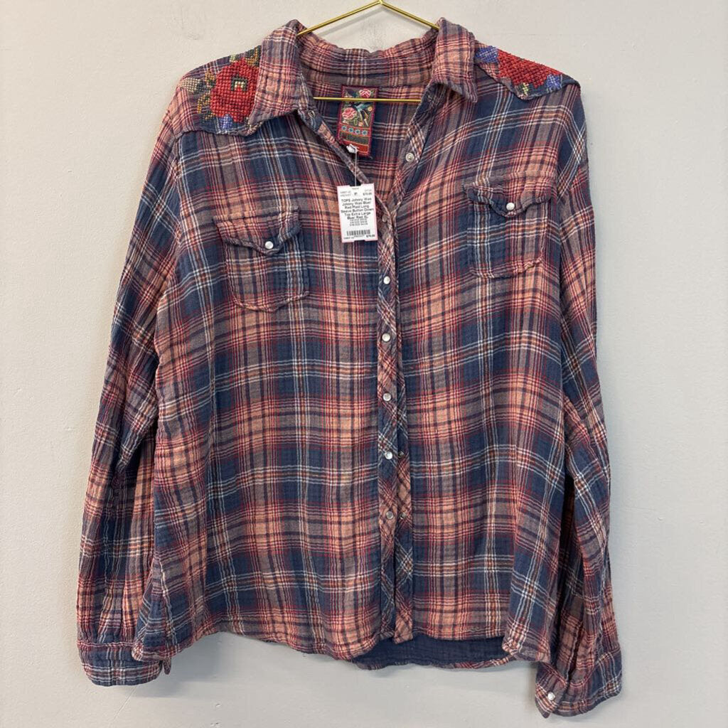 Johnny Was Blue/ Red Plaid Long Sleeve Button Down Top Extra Large