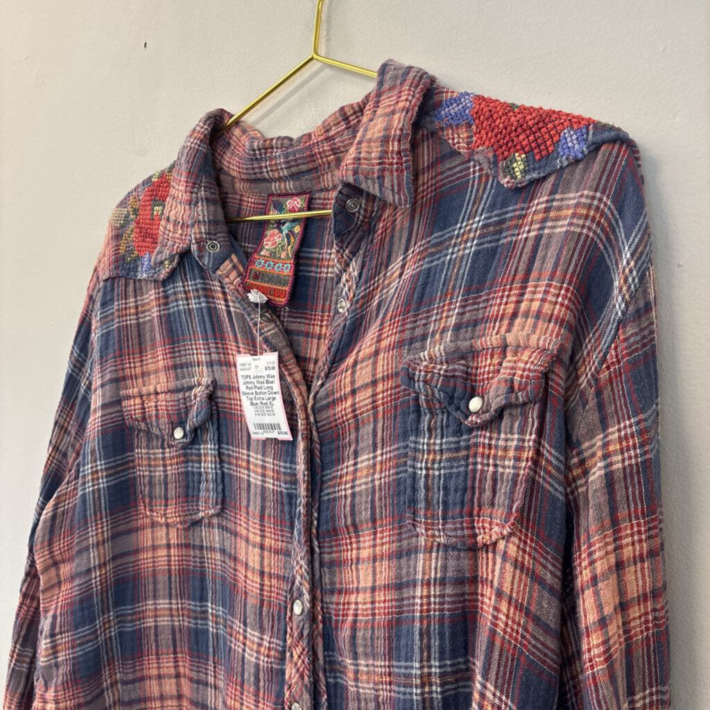 Johnny Was Blue/ Red Plaid Long Sleeve Button Down Top Extra Large