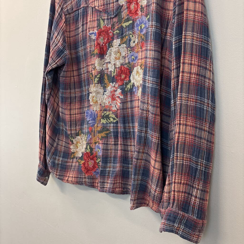 Johnny Was Blue/ Red Plaid Long Sleeve Button Down Top Extra Large