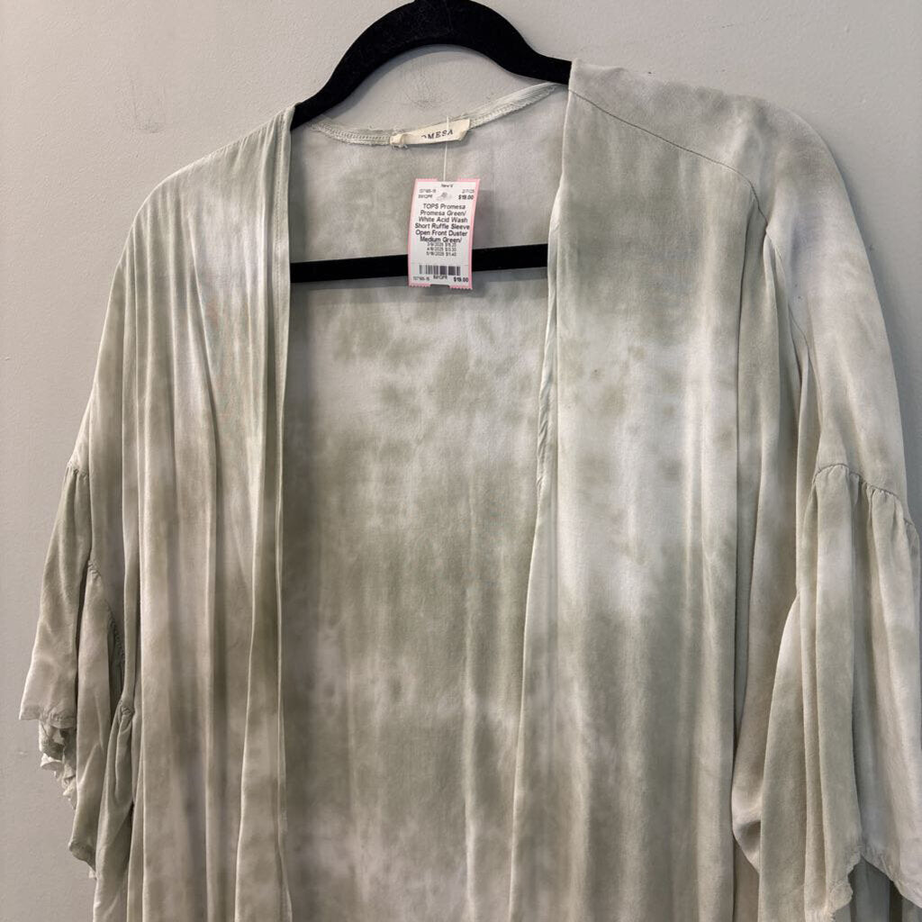 Promesa Green/ White Acid Wash Short Ruffle Sleeve Open Front Duster Medium