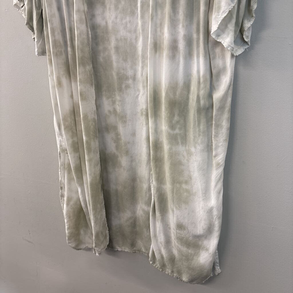 Promesa Green/ White Acid Wash Short Ruffle Sleeve Open Front Duster Medium