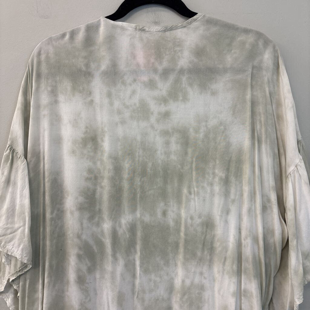 Promesa Green/ White Acid Wash Short Ruffle Sleeve Open Front Duster Medium