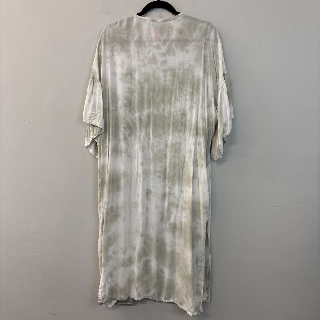 Promesa Green/ White Acid Wash Short Ruffle Sleeve Open Front Duster Medium