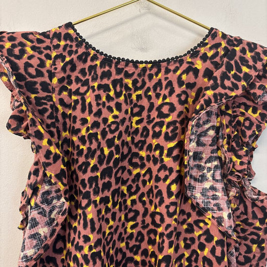 Loft Brown/ Black Cheetah Print Short Ruffle Sleeve Top Small