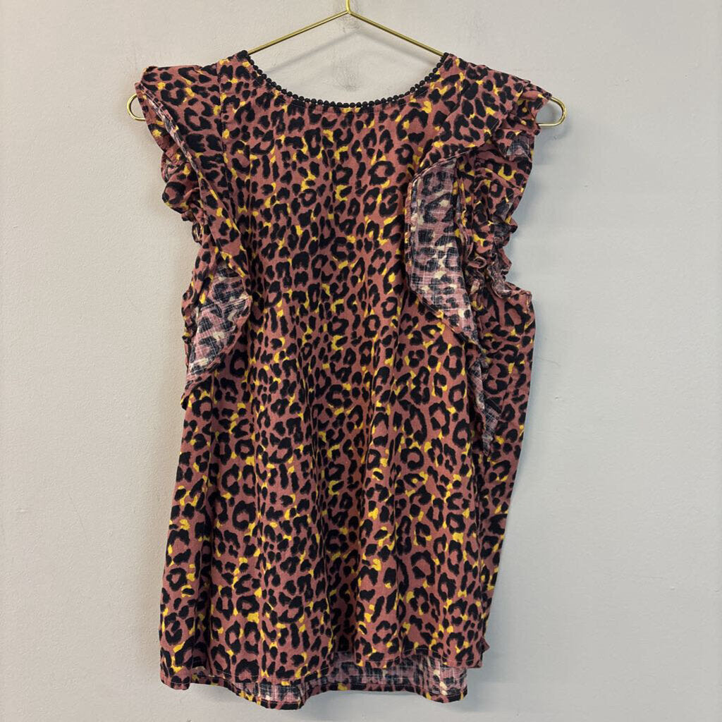 Loft Brown/ Black Cheetah Print Short Ruffle Sleeve Top Small