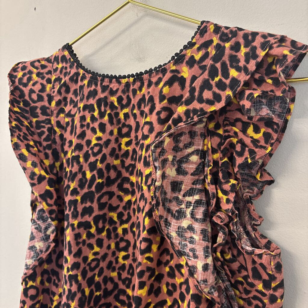 Loft Brown/ Black Cheetah Print Short Ruffle Sleeve Top Small