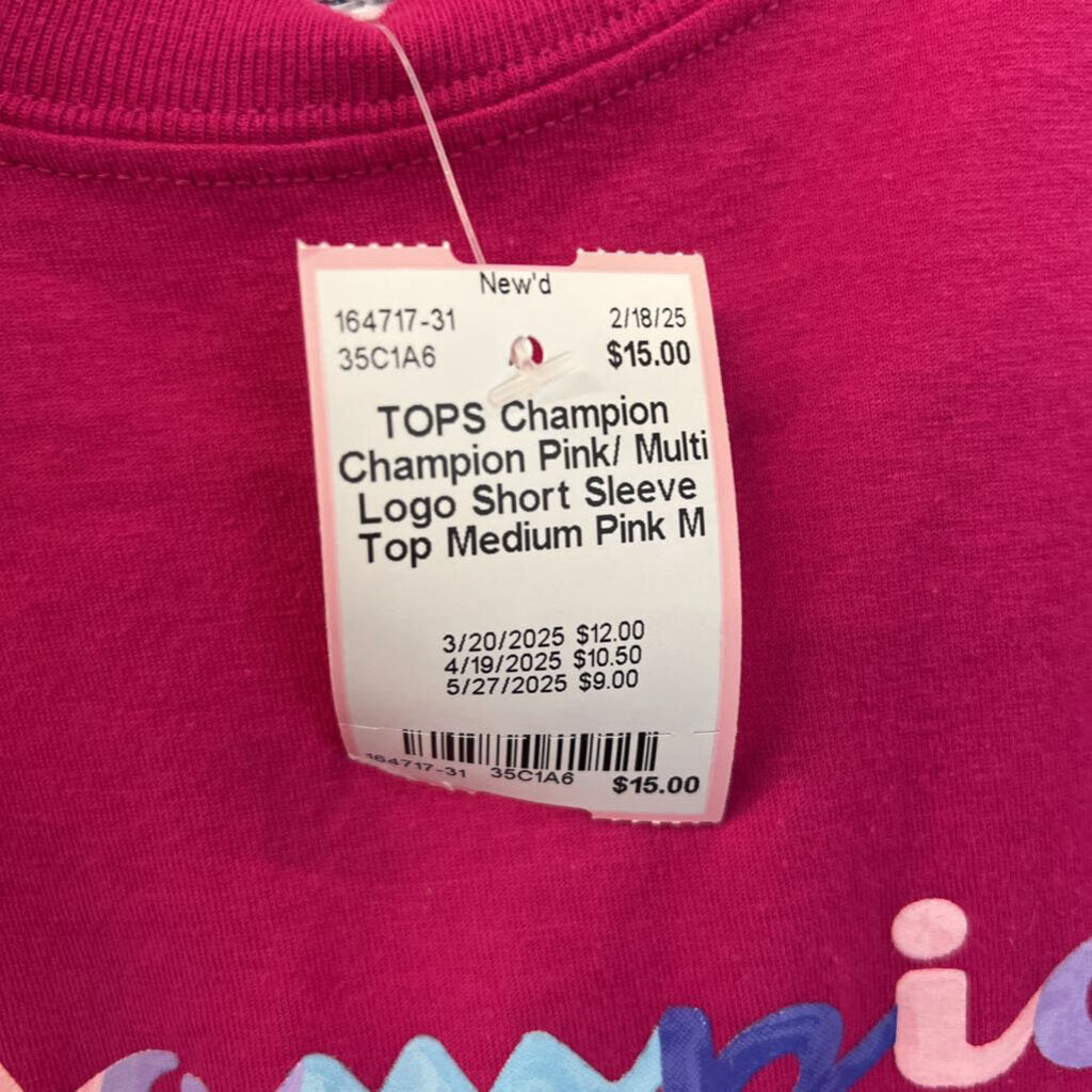 Champion Pink/ Multi Logo Short Sleeve Top Medium