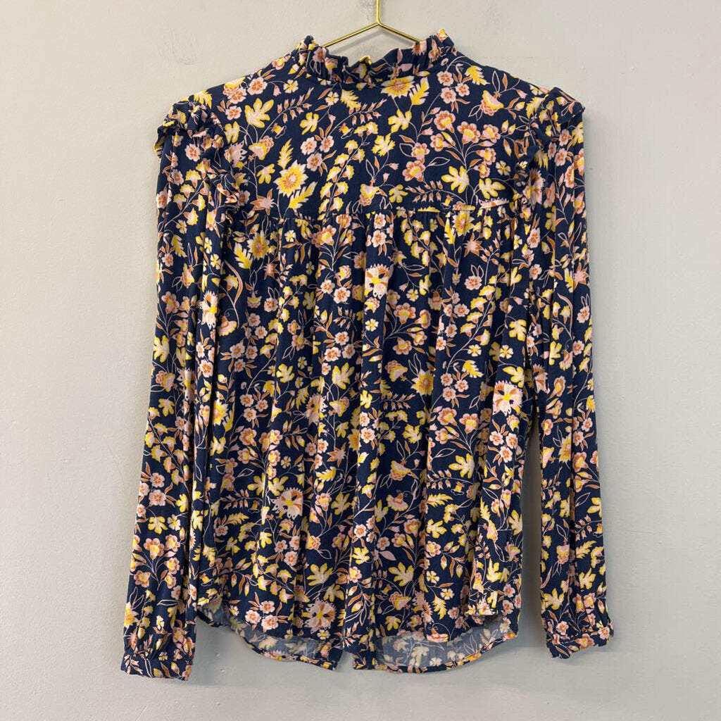 Good Threads Blue/ Multi Flower Print Long Sleeve Mock Neck Top Medium