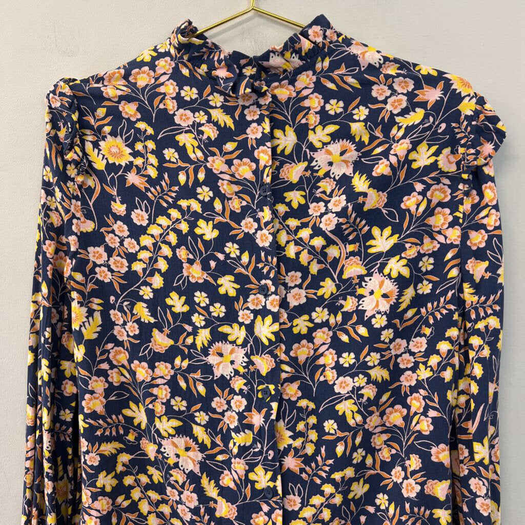 Good Threads Blue/ Multi Flower Print Long Sleeve Mock Neck Top Medium