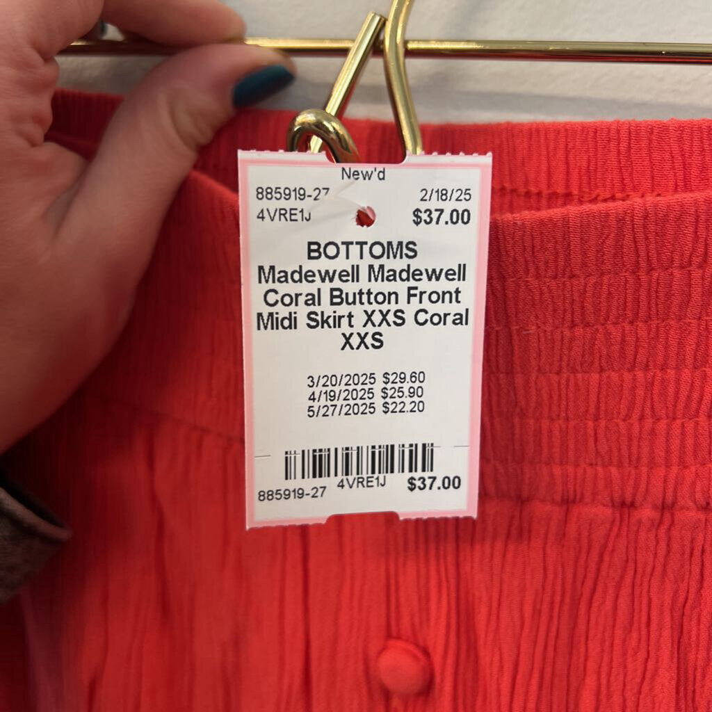 Madewell Coral Button Front Midi Skirt XXS