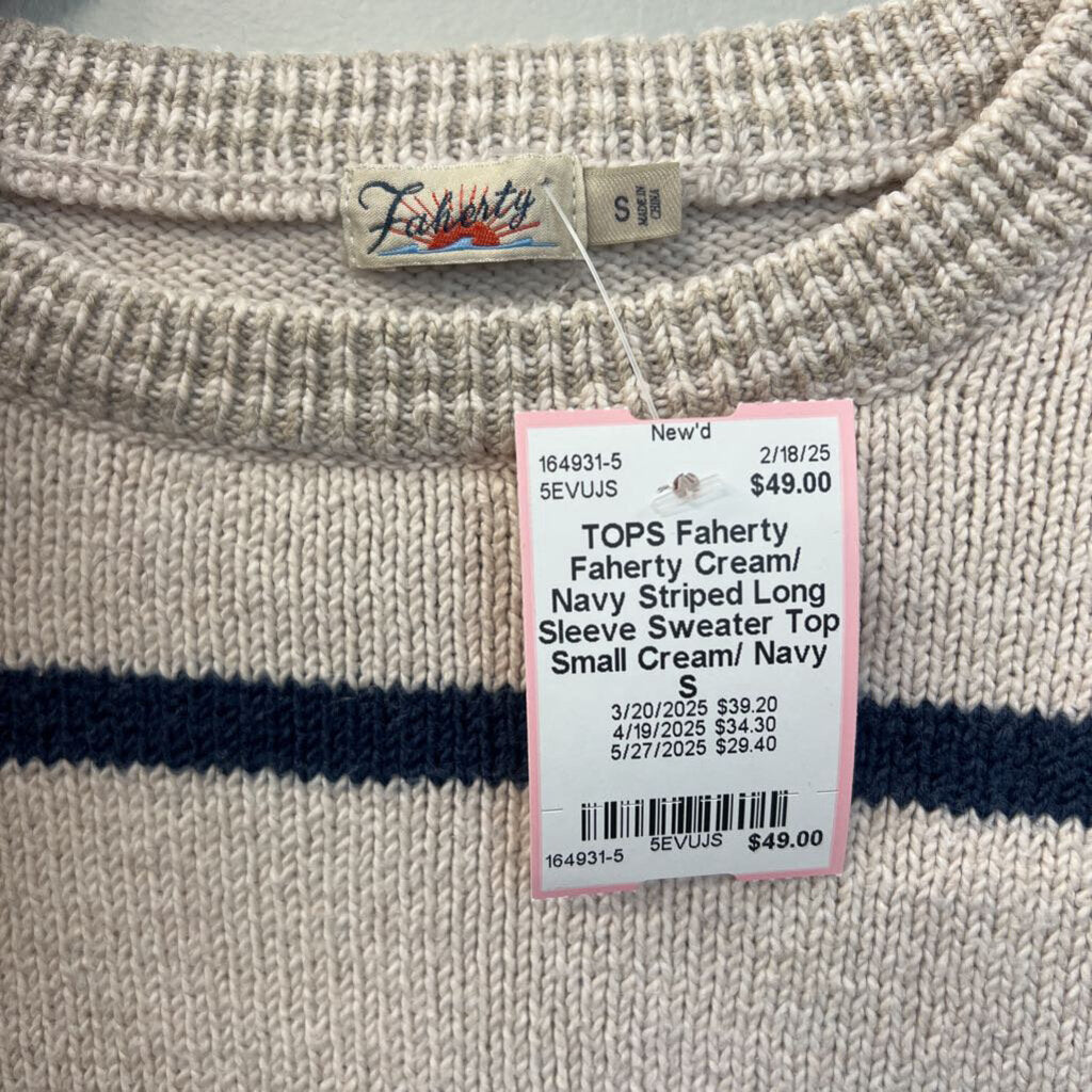 Faherty Cream/ Navy Striped Long Sleeve Sweater Top Small