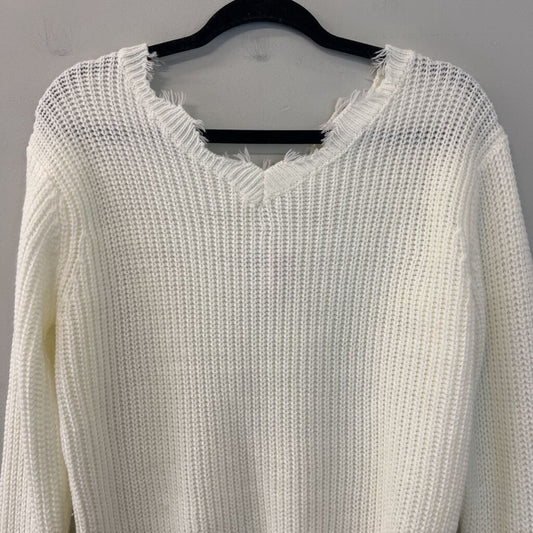 Cream Knit Frayed Hem Long Sleeve Sweater Top Small