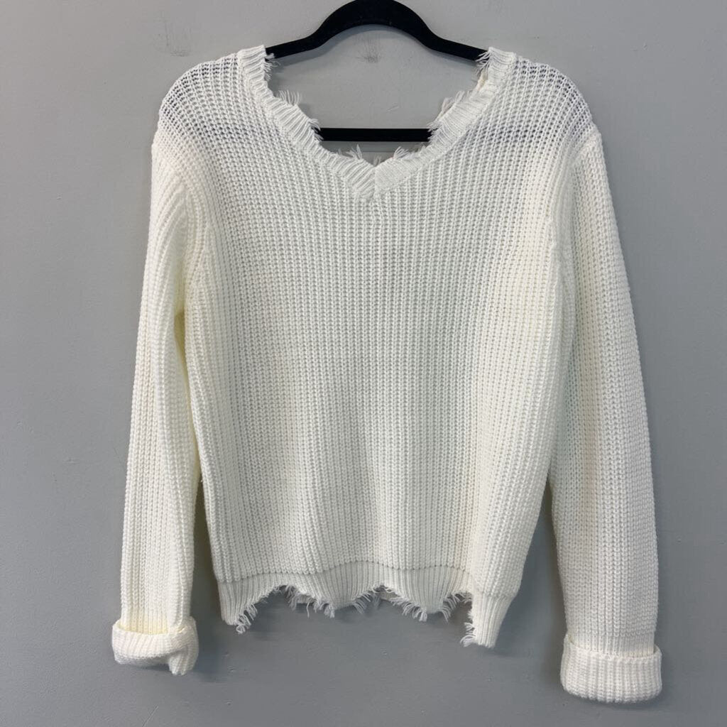 Cream Knit Frayed Hem Long Sleeve Sweater Top Small