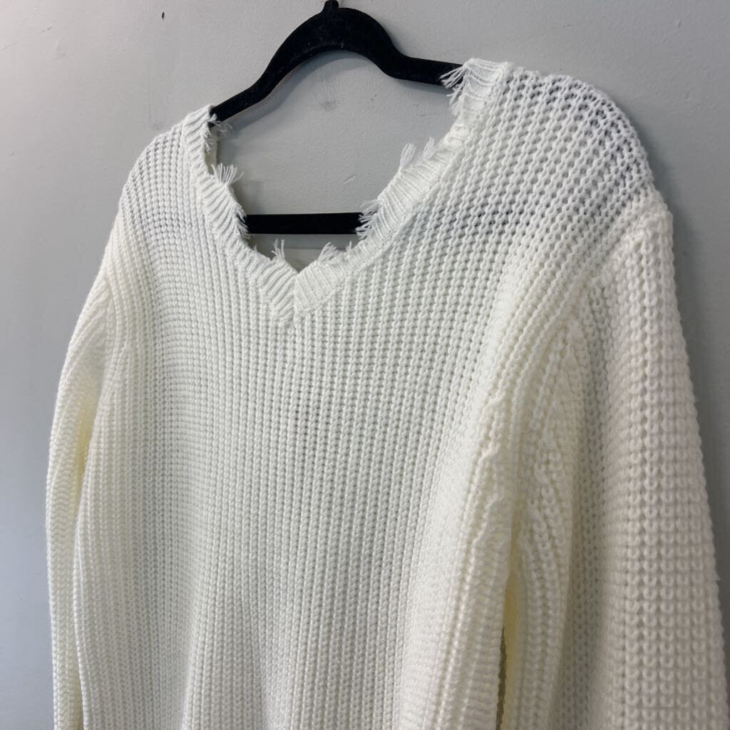 Cream Knit Frayed Hem Long Sleeve Sweater Top Small