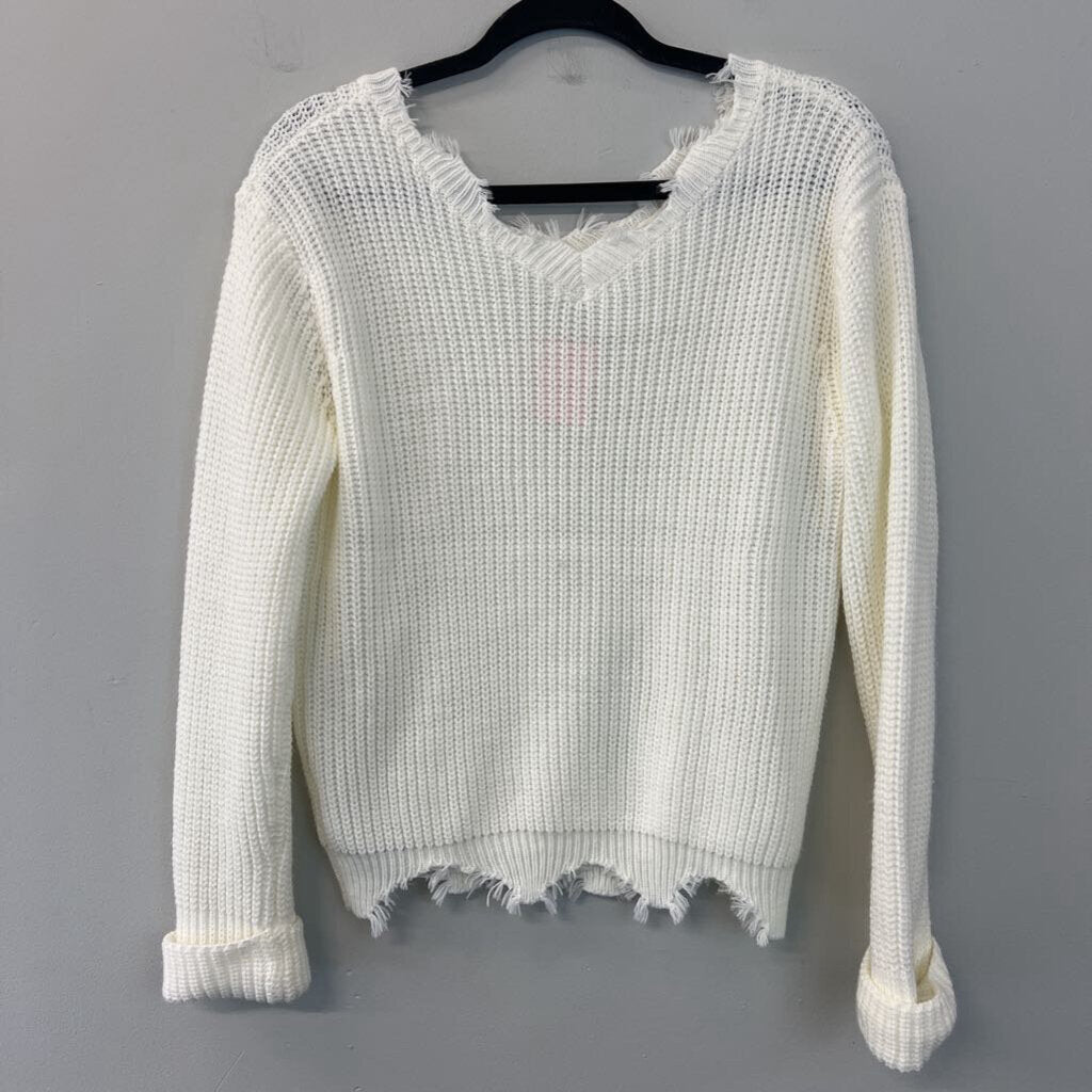 Cream Knit Frayed Hem Long Sleeve Sweater Top Small