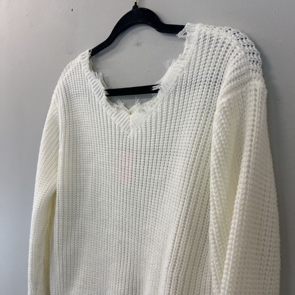 Cream Knit Frayed Hem Long Sleeve Sweater Top Small