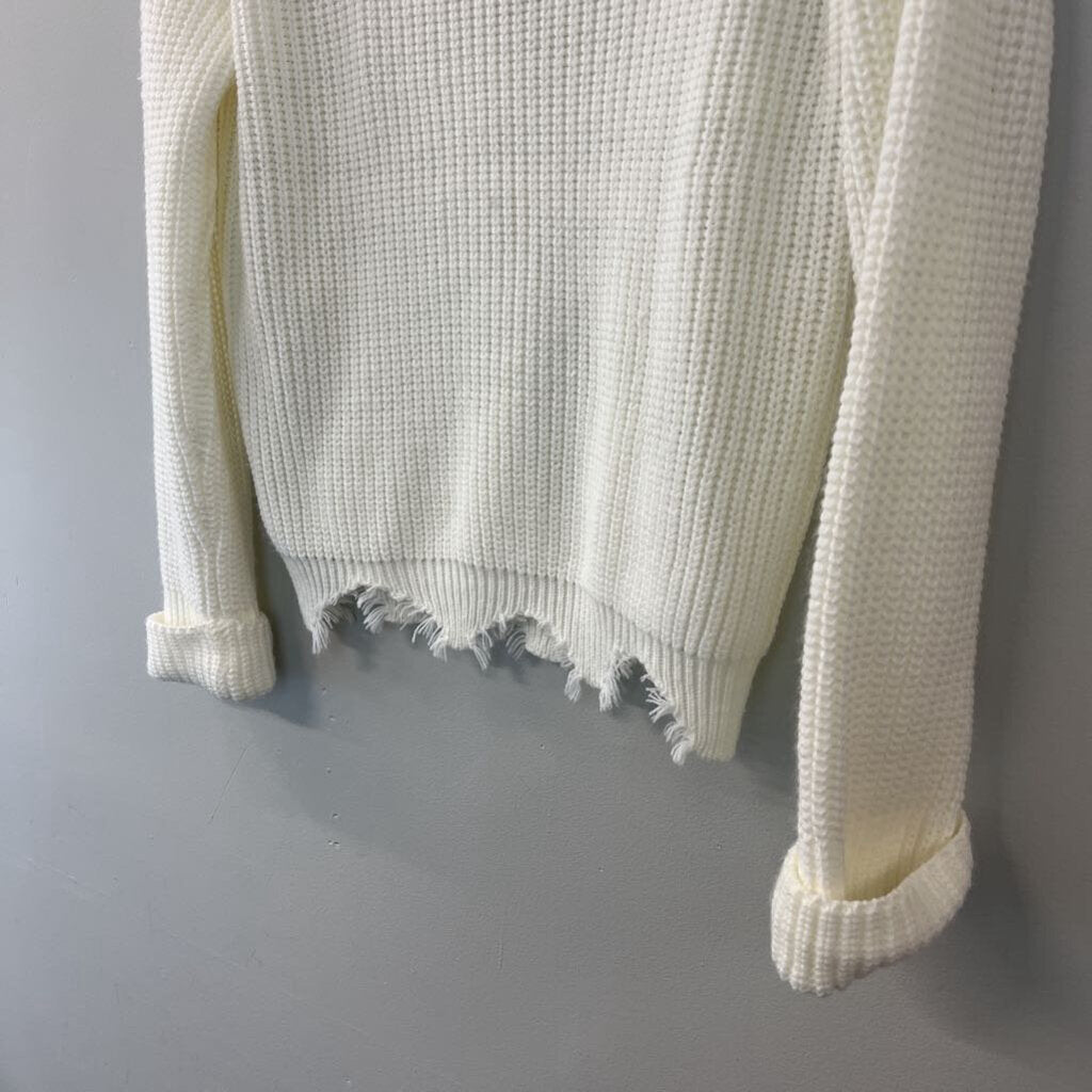 Cream Knit Frayed Hem Long Sleeve Sweater Top Small