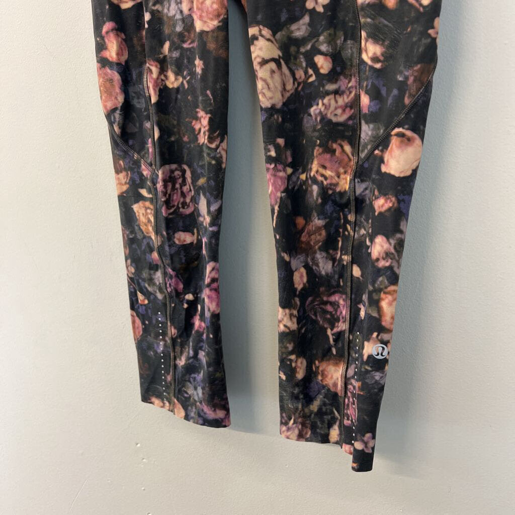 Lululemon Black/ Pink Rose Print Cropped Leggings 4