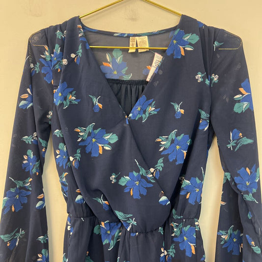 Japna Navy/ Blue Flower Print Long Sleeve Romper Extra Small