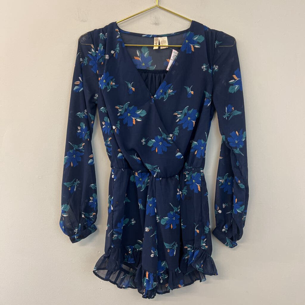 Japna Navy/ Blue Flower Print Long Sleeve Romper Extra Small