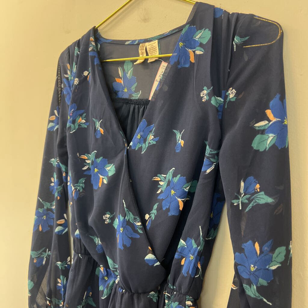 Japna Navy/ Blue Flower Print Long Sleeve Romper Extra Small