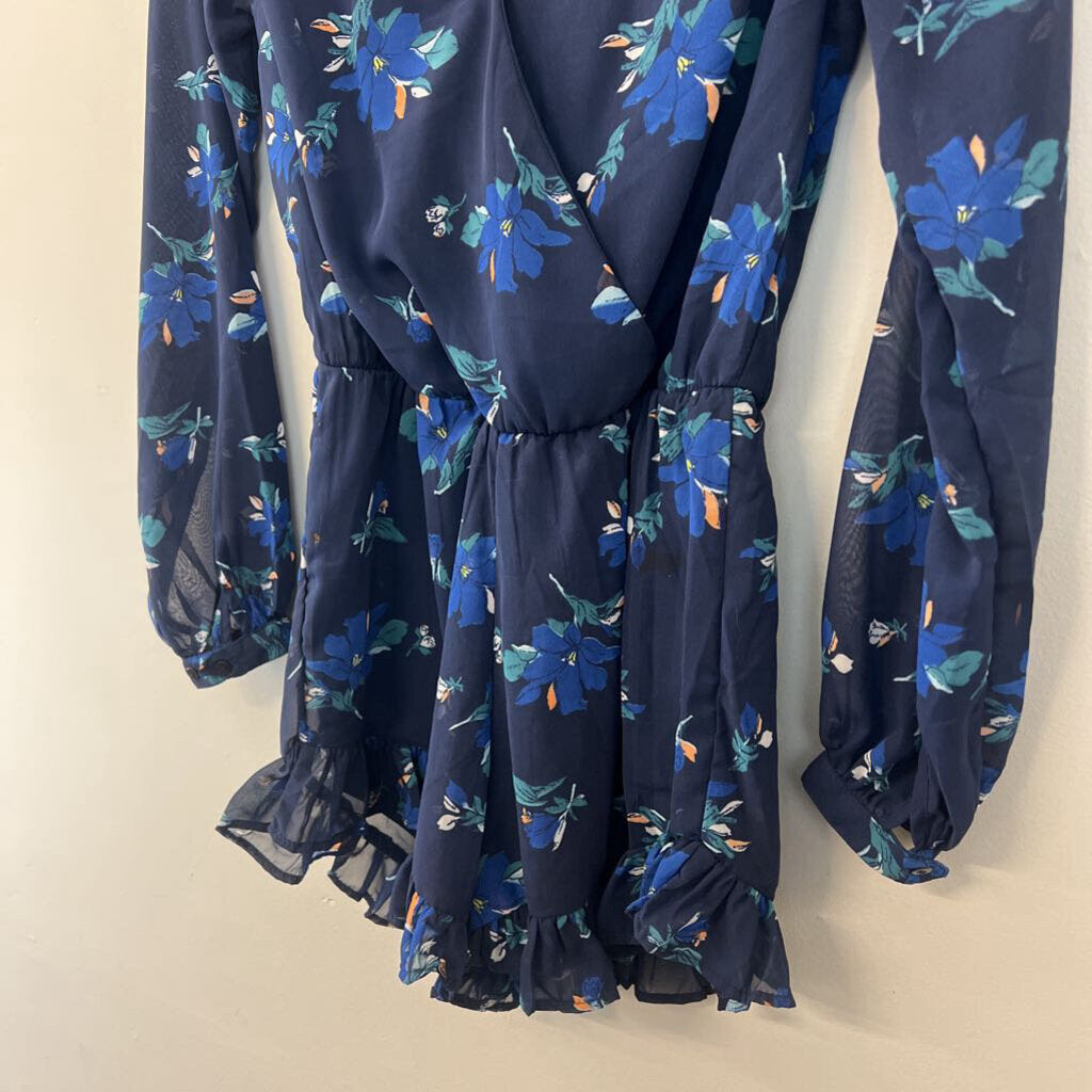 Japna Navy/ Blue Flower Print Long Sleeve Romper Extra Small