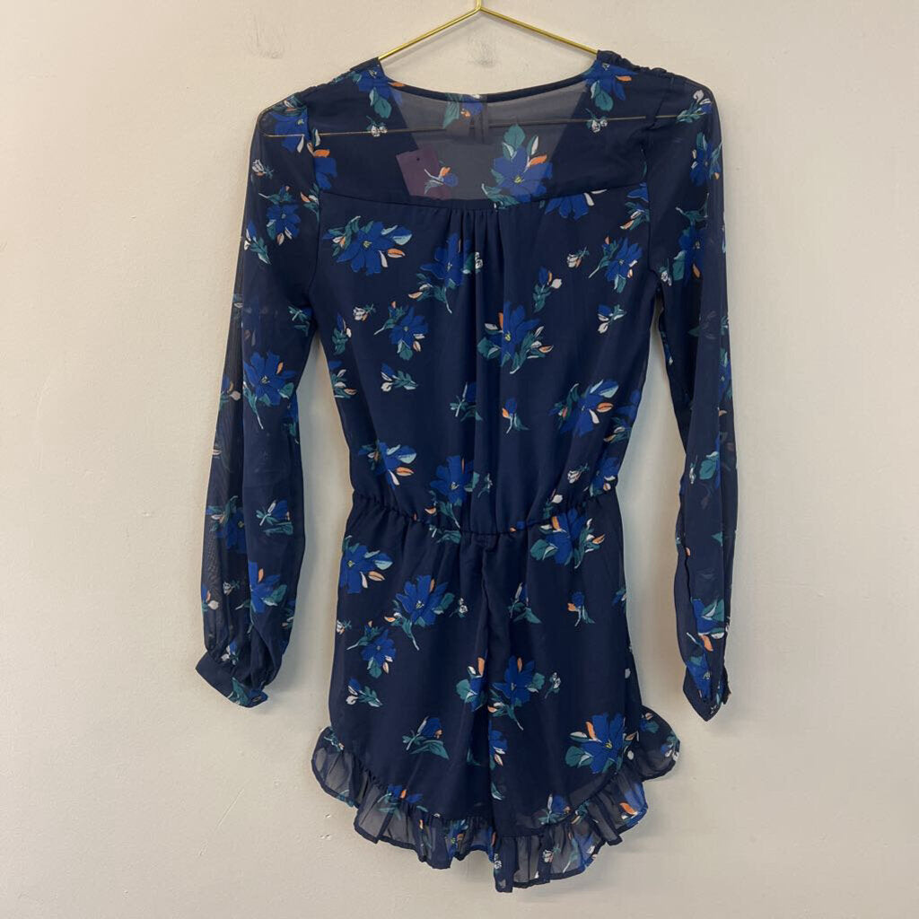 Japna Navy/ Blue Flower Print Long Sleeve Romper Extra Small