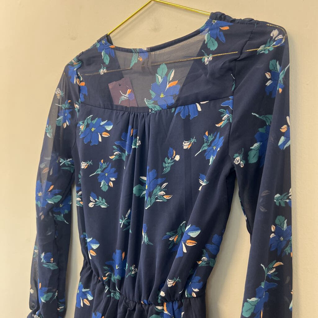 Japna Navy/ Blue Flower Print Long Sleeve Romper Extra Small