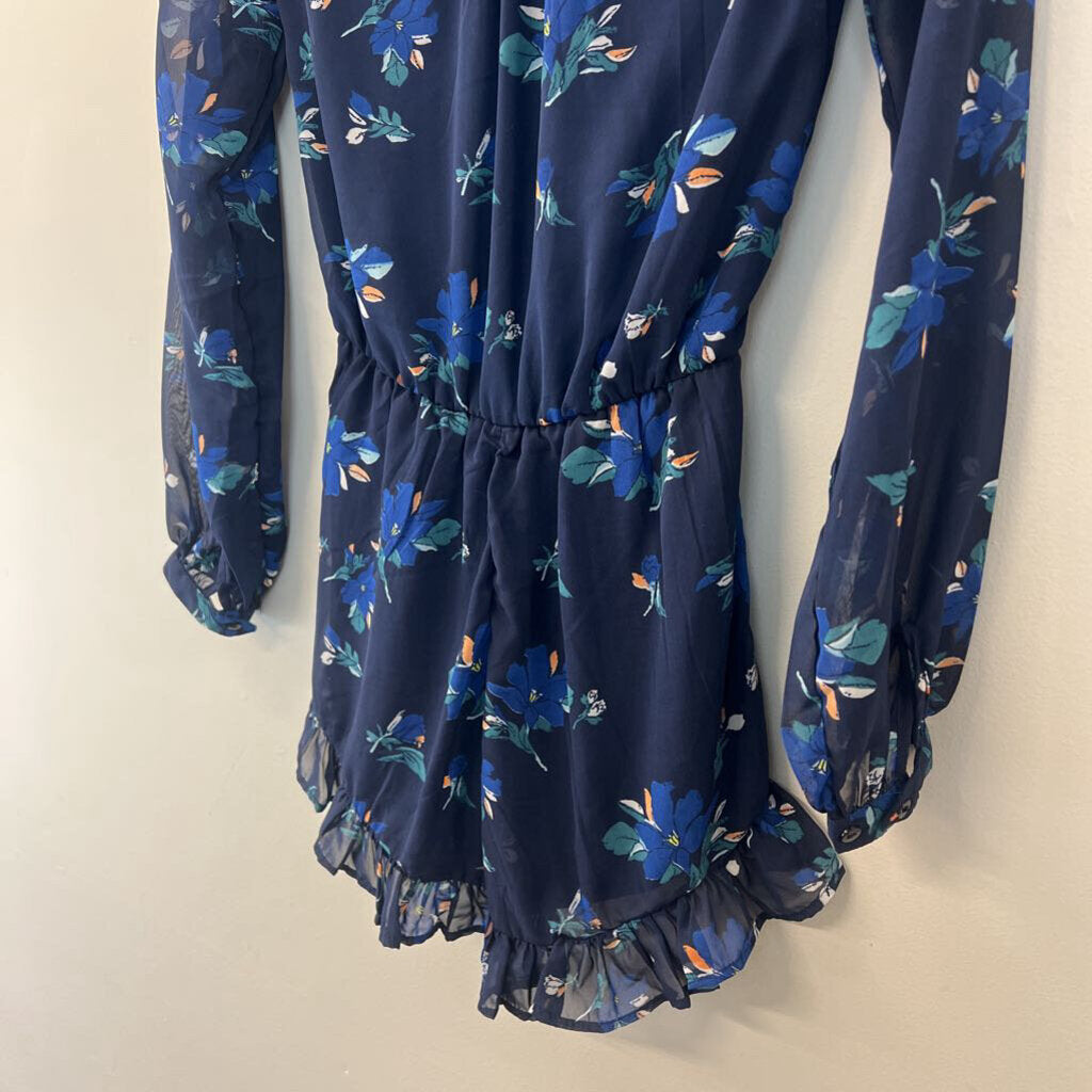 Japna Navy/ Blue Flower Print Long Sleeve Romper Extra Small