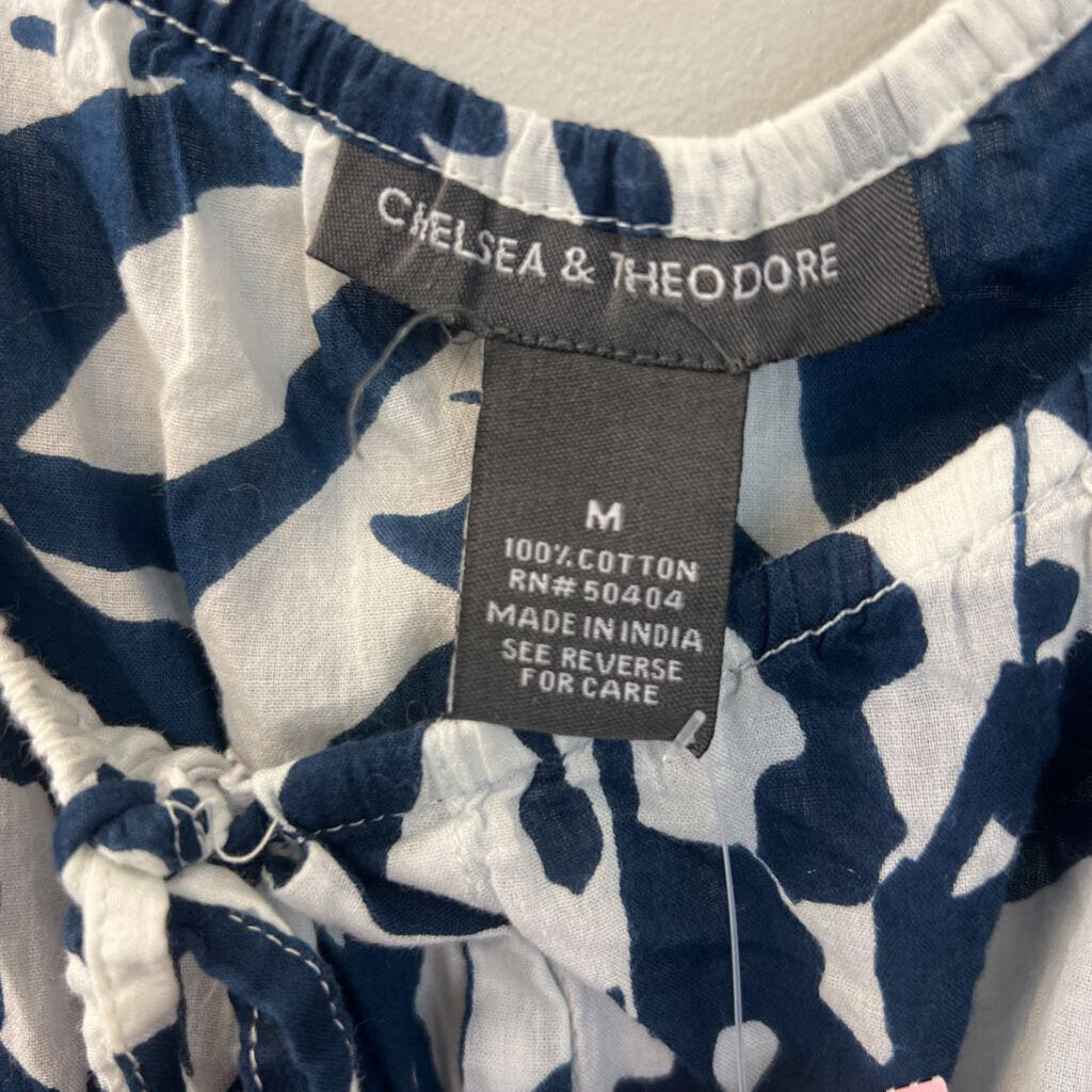 Chelsea and Theodore Blue/ White Print Short Sleeve Midi Dress Medium