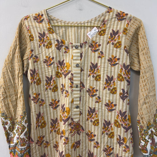 Beige/ Multi Print Long Sleeve Split Sides Tunic Top Medium