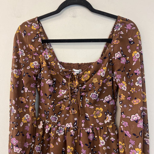 Hollister Brown/ Multi Flower Print Long Sleeve Dress Extra Small