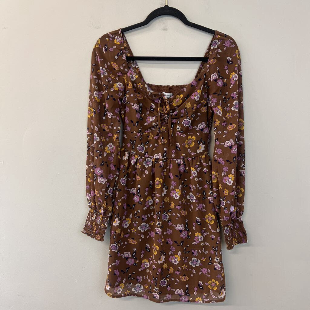 Hollister Brown/ Multi Flower Print Long Sleeve Dress Extra Small