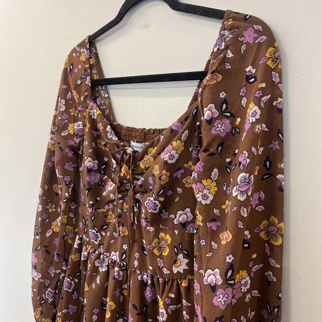 Hollister Brown/ Multi Flower Print Long Sleeve Dress Extra Small