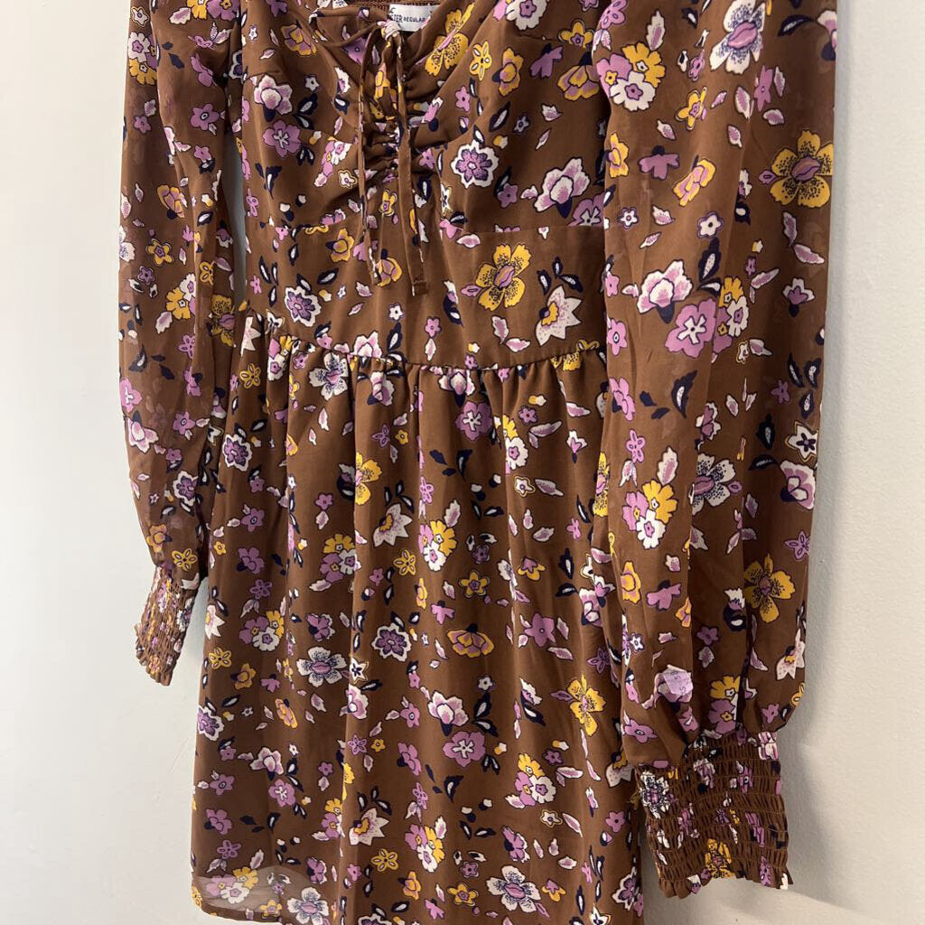 Hollister Brown/ Multi Flower Print Long Sleeve Dress Extra Small