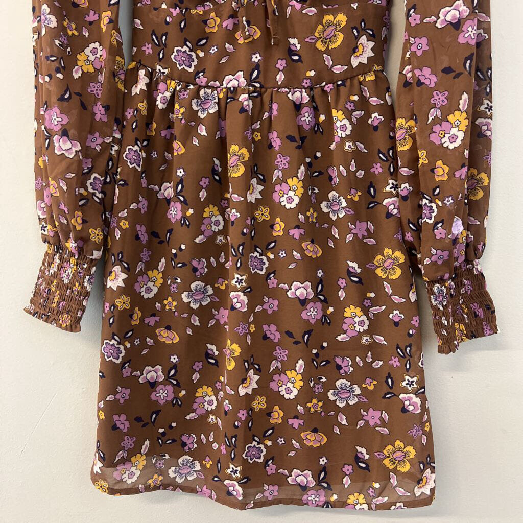 Hollister Brown/ Multi Flower Print Long Sleeve Dress Extra Small